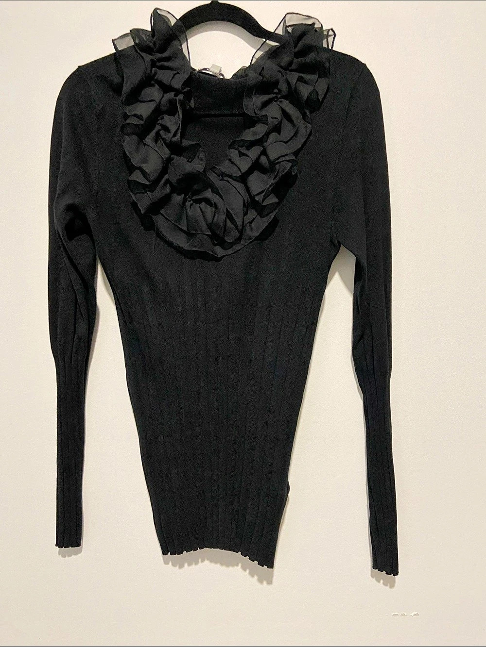 Cache Black Ruffle Neck Ribbed Sweater Size Large